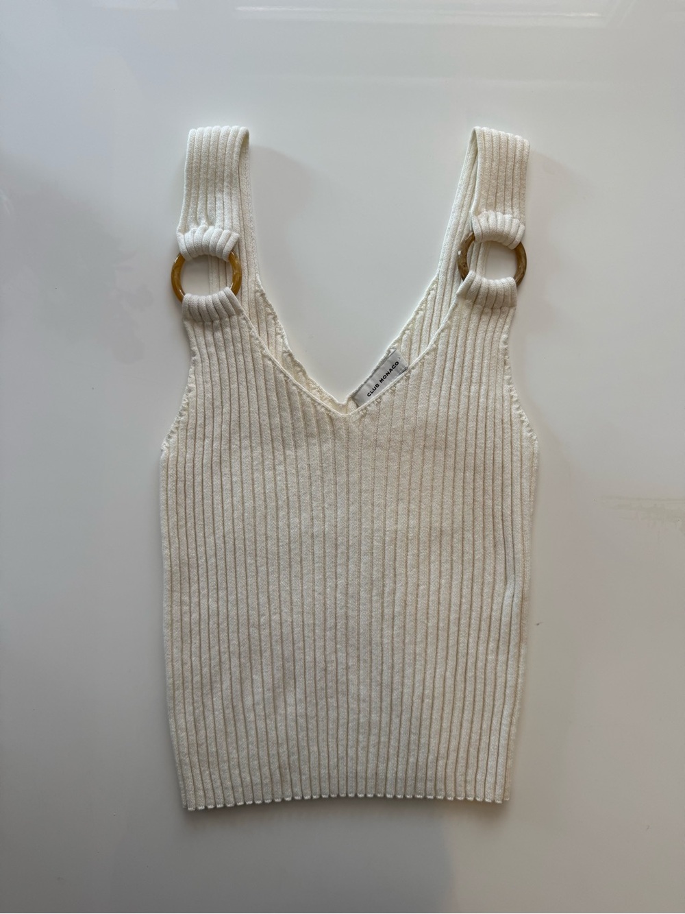 Club Monaco Cream Ribbed O-Ring Knit Tank Top V-Neck Size